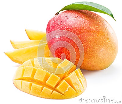 Mango fruit and mango slices. Stock Photo