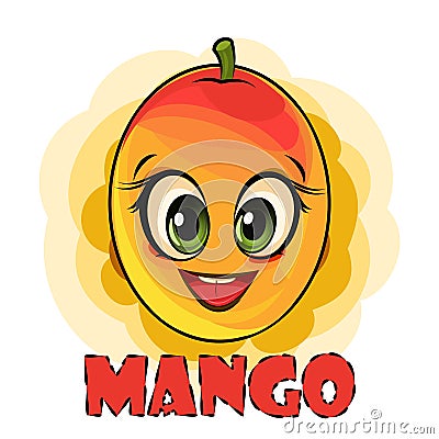 Mango fruits on an abstract background. Face. Inscription. Isolated object on white. Ripe. Cartoon flat style Vector Illustration