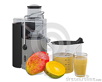Mango juice with electric juicer, 3D rendering Stock Photo
