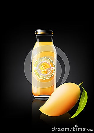 Mango juice in a glass bottle design advertisement and vintage logo, fruit, transparent, Vector Vector Illustration