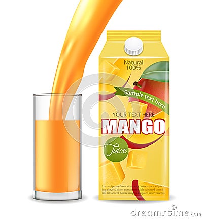 Mango juice Vector realistic. Product placement mock up. Pouring drink in a glass. Packaging design. 3d illustrations Vector Illustration