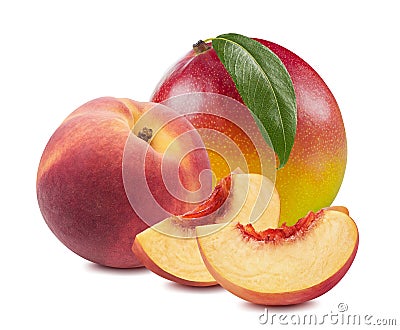 Mango leaf peach slices 12 isolated on white background Stock Photo