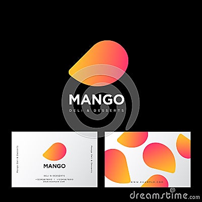 Mango logo. Deli and desserts sweet cafe. Mango and letters. Sweets emblem. Vector Illustration
