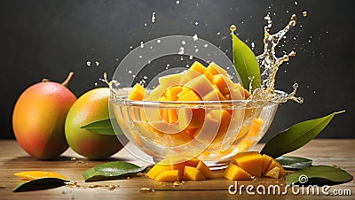 Mango and Mango slices with leaf water splash in bowl. Image is generated with the use of an Artificial intelligence Stock Photo