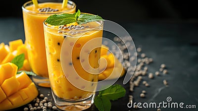 Mango milkshake with sweet tapioca balls, Asian bubble tea drink Stock Photo