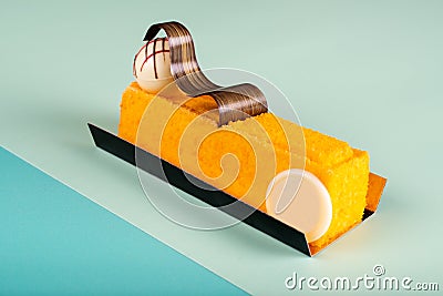 Mango & passion fruit cake dessert mousse. Minimalist conceptual design, flat lay space copy text Stock Photo