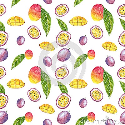 Mango and passion fruit seamless pattern, watercolor illustration Cartoon Illustration