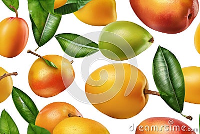 Mango Pattern With Green Leaves And Mangoes Isolated On White Or