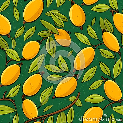 Mango pattern wallpaper Yellow fruits with green leaves Stock Photo