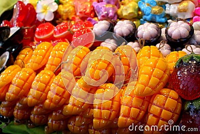Mango shaped scented soaps displayed for sale Stock Photo