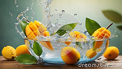 Mango and Mango slices with leaf water splash in bowl. Image is generated with the use of an Artificial intelligence Stock Photo