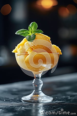 Mango sorbet in a glass on the table . Popsicle in a glass Stock Photo