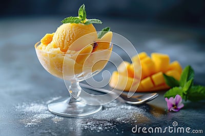 Mango sorbet in a glass on the table . Popsicle in a glass Stock Photo