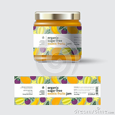 Mango, Star Fruit carambola and mangosteen exotic fruits jam label and packaging. Vector Illustration