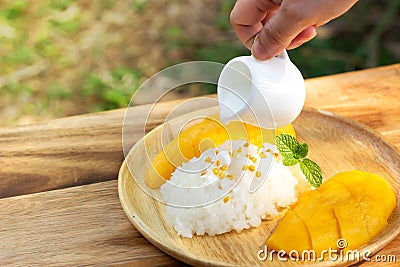 Mango with sticky rice. Favorite thai dessert in summer season. Sweet and freshness tast Stock Photo