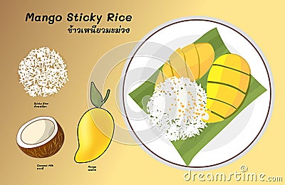 Mango sticky rice is a traditional Thai dessert Vector Illustration
