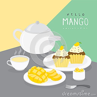 Mango Summer and Mango Cupcake with Fruit Tea Vector Vector Illustration