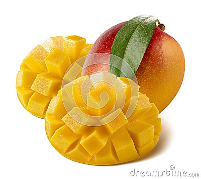 Mango whole cut served isolated on white background Stock Photo