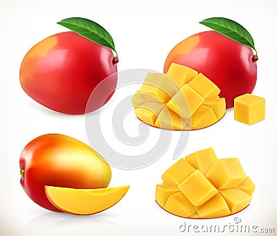 Mango. Whole and pieces. Sweet fruit. 3d vector icons set Vector Illustration