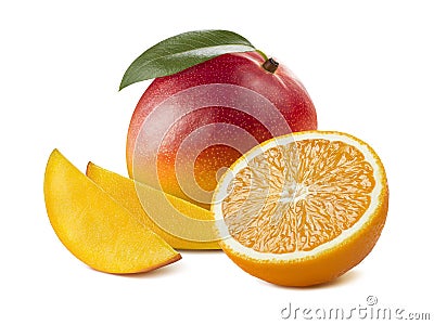 Mango whole slices orange half isolated on white background Stock Photo