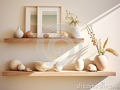Mango Wood Floating Shelf with Pastel Frames and a Seashell - AI Generated Stock Photo