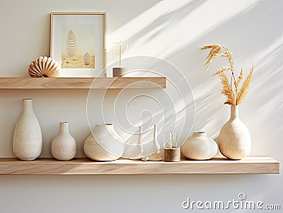 Mango Wood Floating Shelf with Pastel Frames and a Seashell Va - AI Generated Stock Photo
