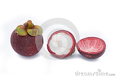 Mangosteen and cross section showing the thick purple skin and white flesh of the queen of fruits, Delicious mangosteen fruit Stock Photo