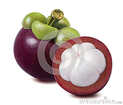 Mangosteen isolated on white background. Whole and cut in half p Stock Photo