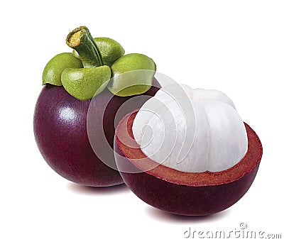 Mangosteen with leaf and cut half isolated on white background Stock Photo
