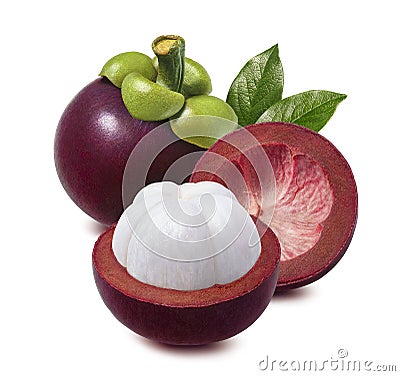 Mangosteen. Whole, half and empty rind isolated on white background Stock Photo