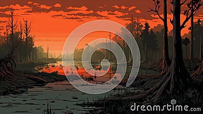 Mangrove Forest Firetrap: Retro 8-bit Art Of A Beautiful Swamp At Sunset Stock Photo