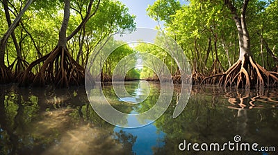 Mangrove trees along the turquoise green water in the stream. mangrove forest Stock Photo