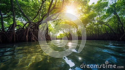 Mangrove trees along the turquoise green water in the stream. mangrove forest Stock Photo