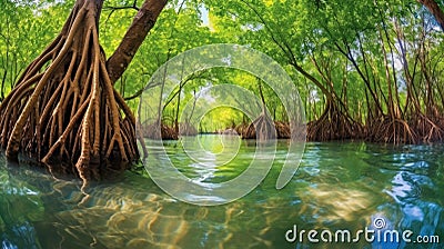 Mangrove trees along the turquoise green water in the stream. mangrove forest Stock Photo