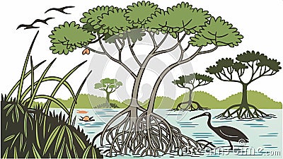 Mangrove trees by water, unique coastal ecosystem vector design Generative AI Vector Illustration