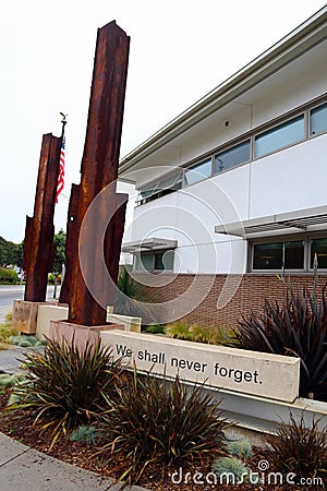 Manhattan Beach, California: 9-11-2001 Memorial featuring two steel beams from the World Trade Center site Editorial Stock Photo