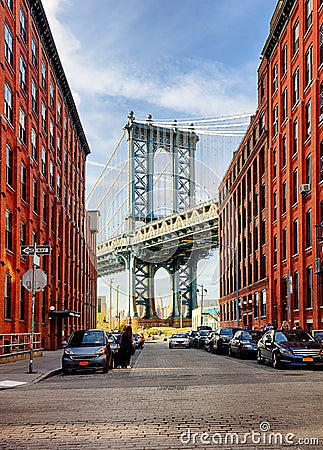 Manhattan Bridge from an alley in Brooklyn, New York Editorial Stock Photo
