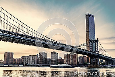 manhattan bridge in new york. architecture of historic bridge in manhattan. bridge connecting Lower Manhattan with Stock Photo