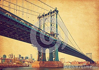 The Manhattan Bridge, New York City, United States. In the background Manhattan and Brooklyn Bridge. Photo in retro style. Added Stock Photo