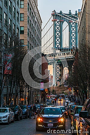 Manhattan bridge from Washington street, Brooklyn, New York, USA Editorial Stock Photo