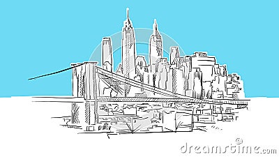 Manhattan And Brooklyn Bridge Skyline Panorama Vector Sketch Vector Illustration