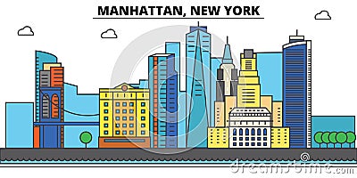 Manhattan, New York. City skyline, architecture, buildings, streets, silhouette, landscape, panorama, landmarks, icons Vector Illustration