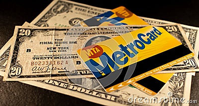 Metrocard on old twenty dollar banknote from New York Federal Reserve. NYC Metro Card Editorial Stock Photo