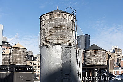 New York City rooftop water tower tankt white grey textured surface pattern Stock Photo