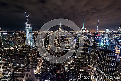 Manhattan skyline lights at night taken from Rockefeller center roof, Manhattan, New York, USA Stock Photo