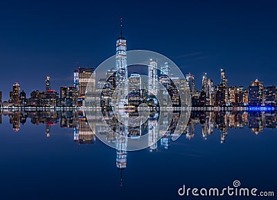 Manhattan Skyline reflection from the jersey City, NJ Stock Photo