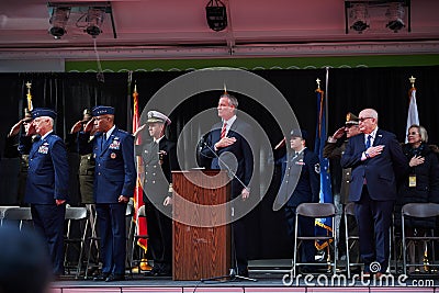 Mayor Bill De Blasio with hand on chest at Veterans Day Parade in NYC Editorial Stock Photo