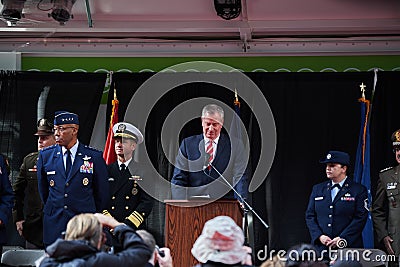 Mayor Bill Deblasio speaking at Veterans Day parade in NYC. NYC Mayor Editorial Stock Photo