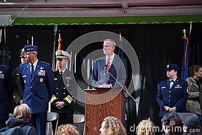 Military Air Force officials standing on podium next to NYC Mayor Editorial Stock Photo