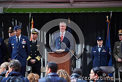 Military Air Force officials standing on podium next to NYC Mayor Bill de Blasio Editorial Stock Photo